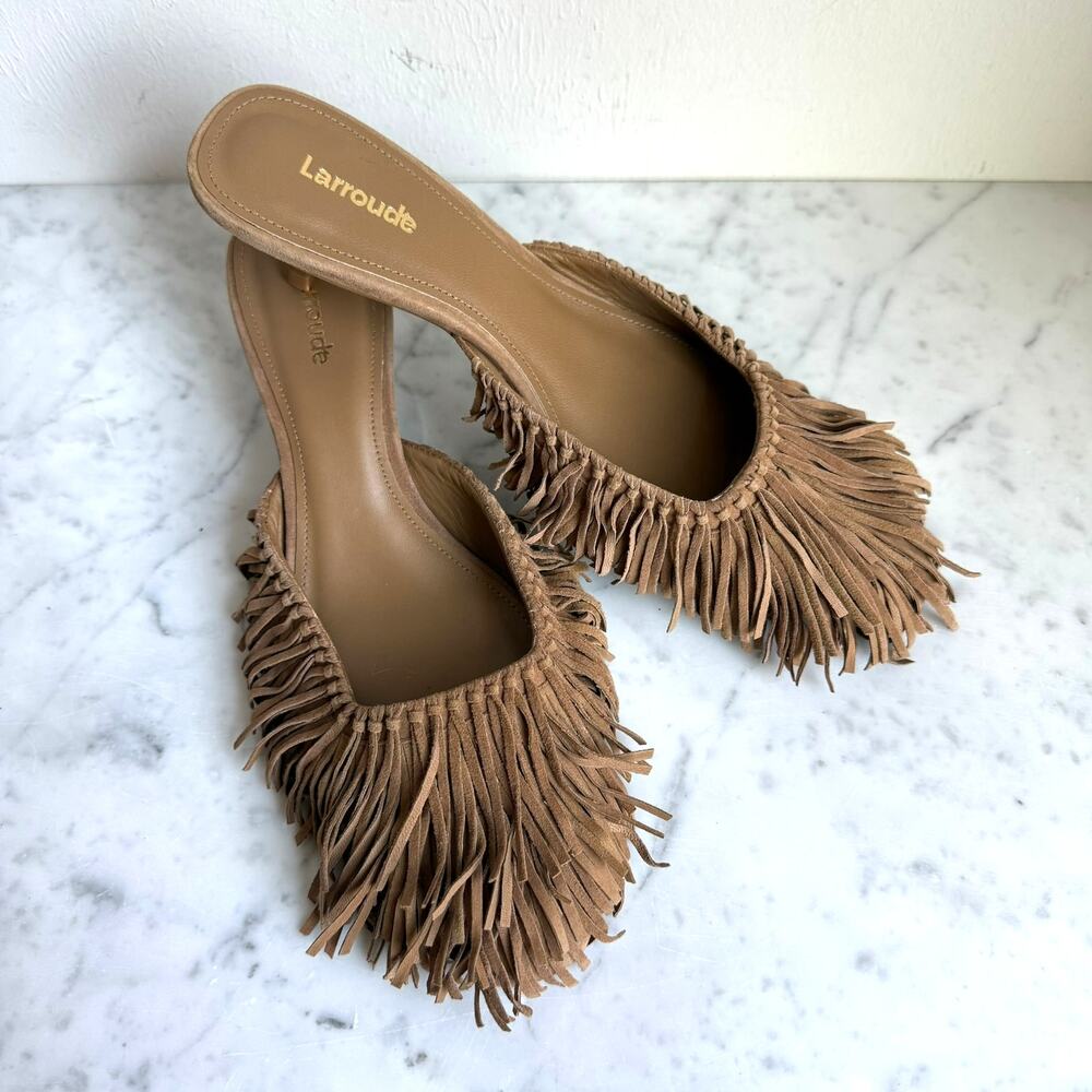 Larroudé Sienna Fringe Suede Mules Tan Kitten Heel Size 8 Handmade Brazil - Picture 3 of 12